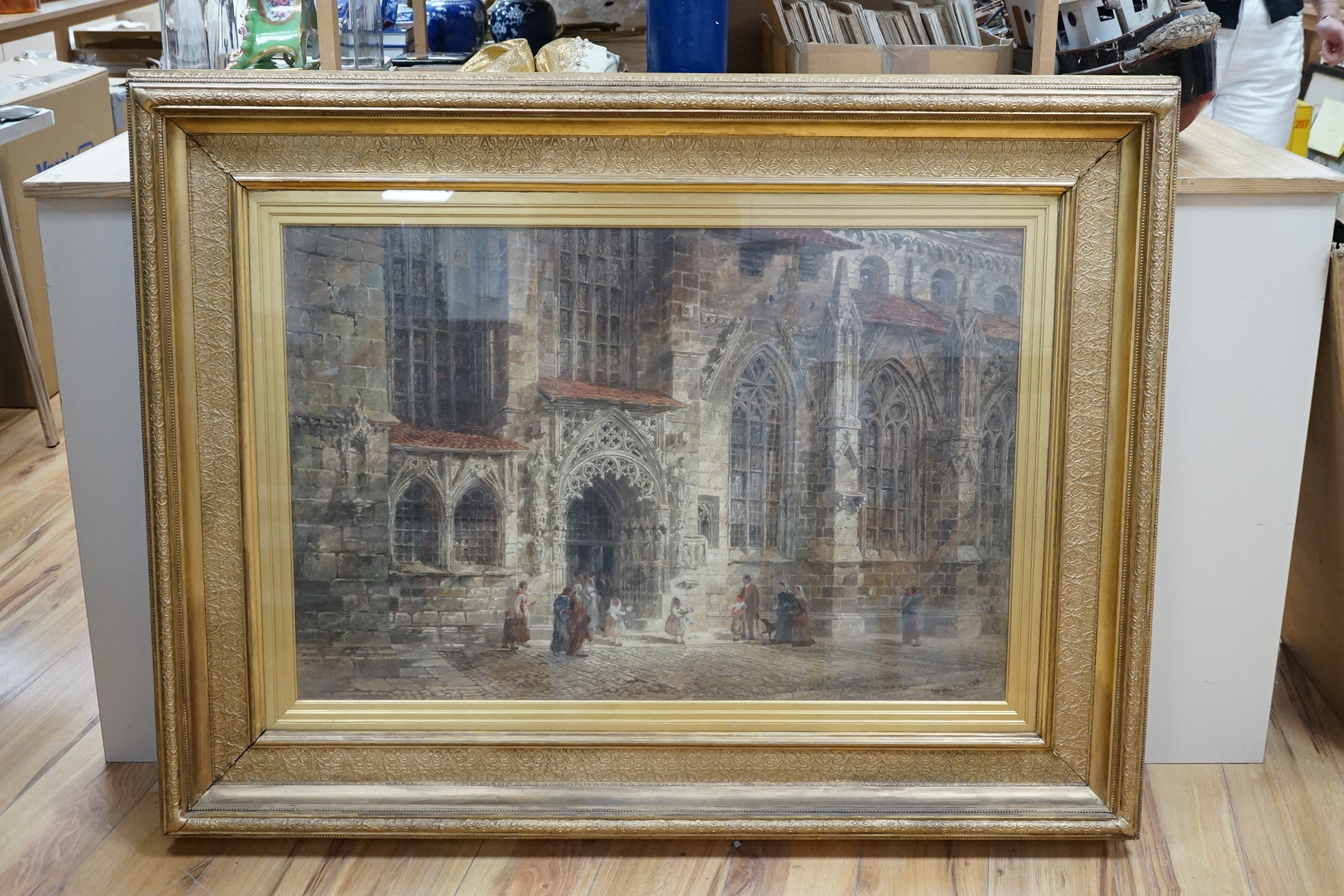 Wyke Bayliss (1835-1906), mixed media and oil, Cathedral exterior, signed, 58 x 88cm, ornate gilt frame. Condition - good